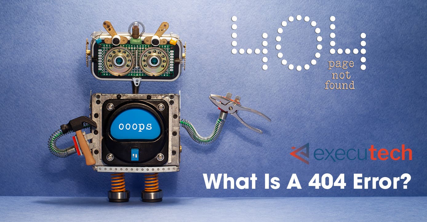 robot holding a tool with "what is a 404 error?" written on a blue wall