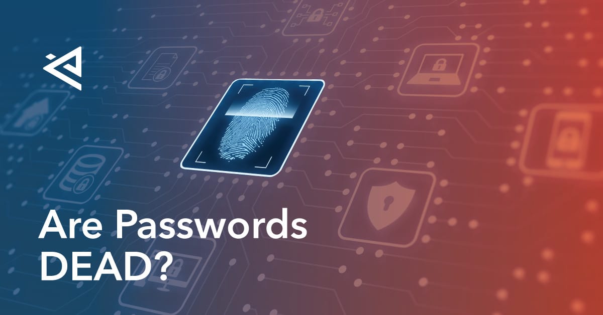 Tech grid with a blue and red background with a thumb print scanner standing out over the colors