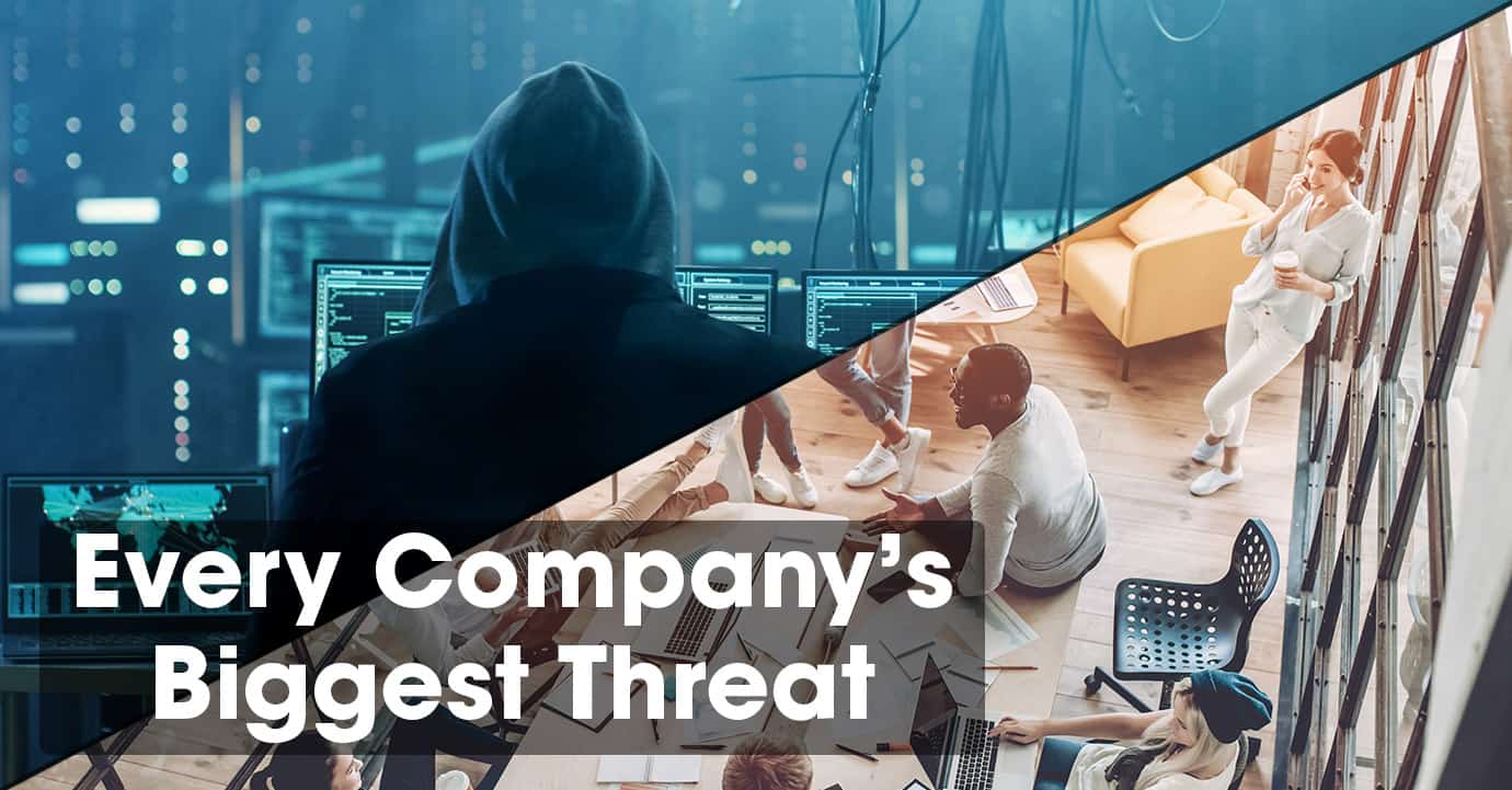 half picture of a hacker in a black hood and half picture of a bright conference room full of employees