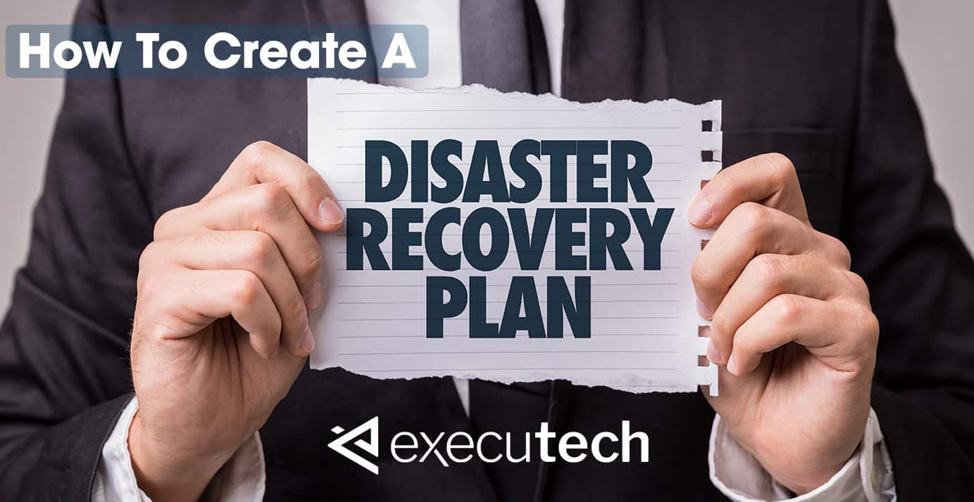 close up of a man wearing a black suit holding a ripped piece of paper that reads 'disaster recovery plan'
