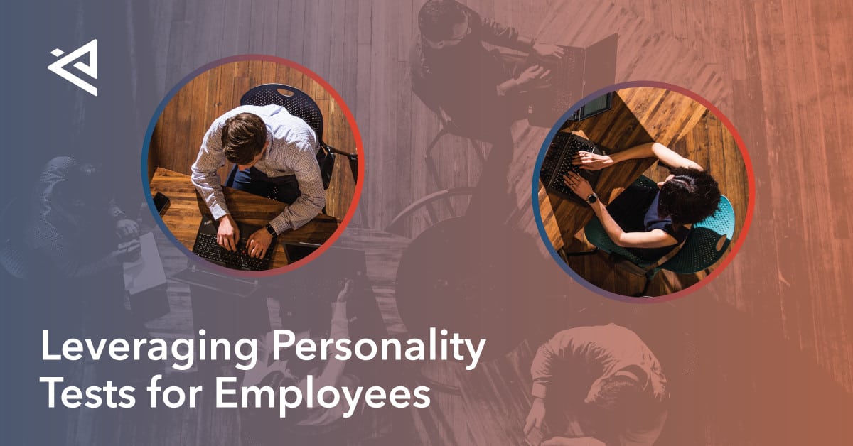 ovherhead shot of an open office with a red and blue overlay and circles over a man an a woman putting them in focus