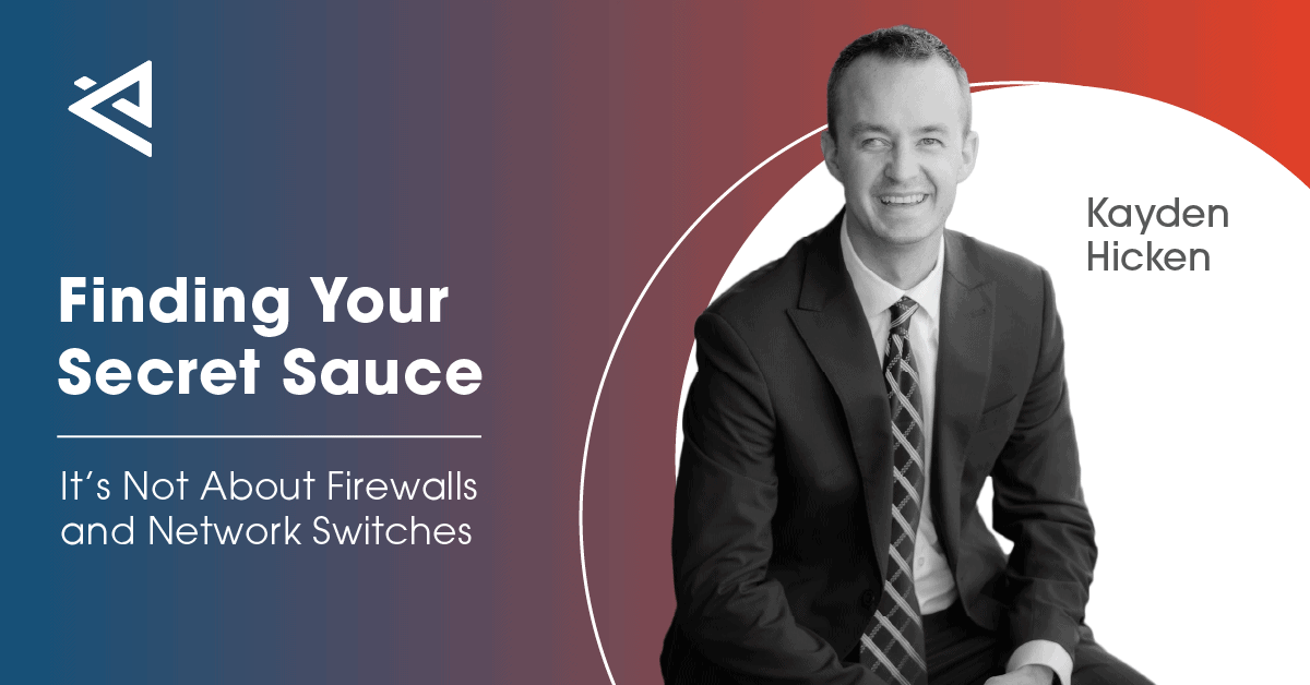 black and white photo of Kayden Hicken on a field of red and blue with the article title