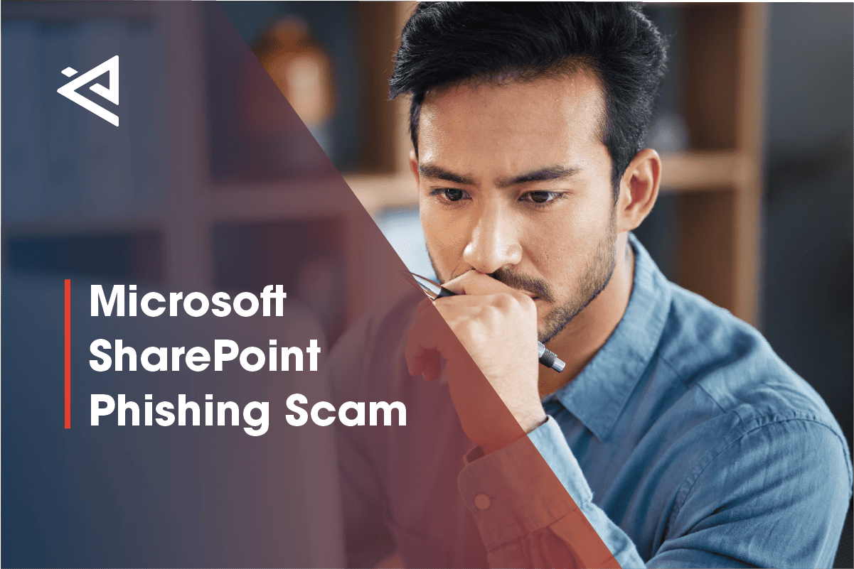 Man with black hair looking troubled with the article title 'Microsoft SharePoint Phishing Scam' overlaid