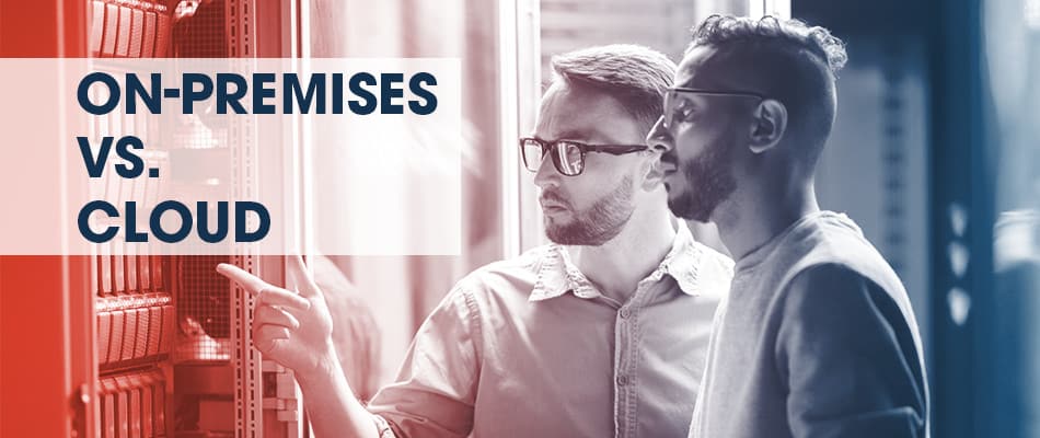 men looking at server deciding between on-premises vs. cloud infrastructure